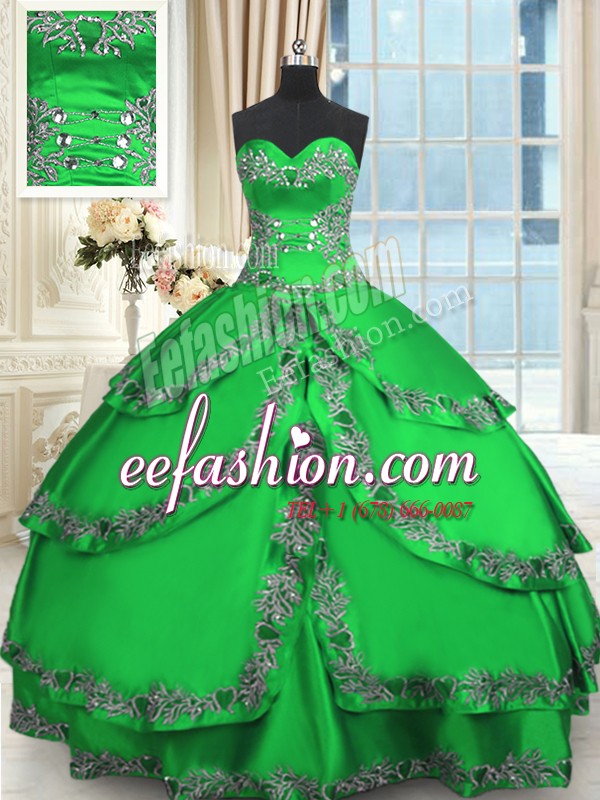 Green Ball Gowns Beading and Embroidery and Ruffled Layers Quince Ball Gowns Lace Up Taffeta Sleeveless Floor Length