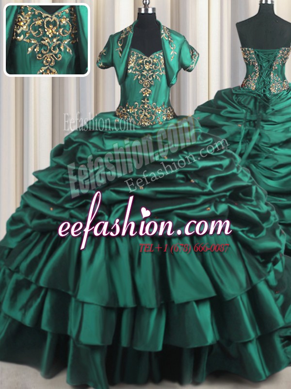 Nice Sweetheart Sleeveless Quinceanera Gown With Brush Train Beading and Appliques and Pick Ups Peacock Green Taffeta