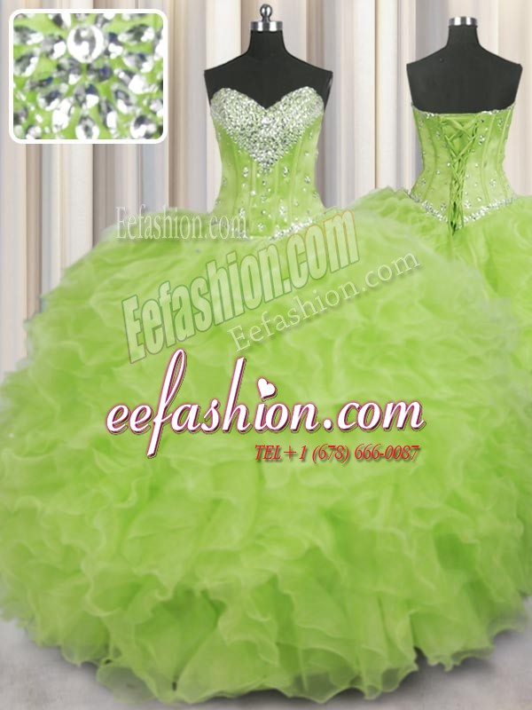 Pretty Yellow Green Ball Gowns Organza Sweetheart Sleeveless Beading and Ruffles Floor Length Lace Up Sweet 16 Quinceanera Dress