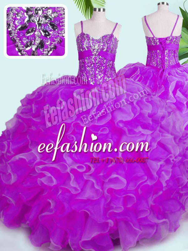 Luxurious Fuchsia Ball Gowns Spaghetti Straps Sleeveless Organza Floor Length Lace Up Beading and Ruffles Sweet 16 Quinceanera Dress
