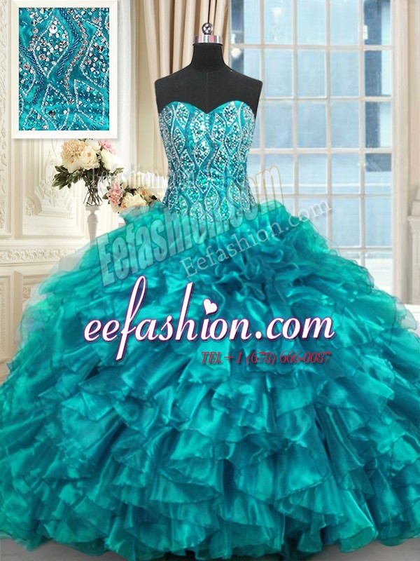  Lace Up Quinceanera Dress Teal for Military Ball and Sweet 16 and Quinceanera with Beading and Ruffles Brush Train