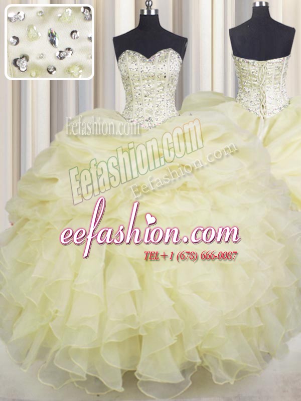Sweetheart Sleeveless Quinceanera Gowns Floor Length Beading and Ruffles Light Yellow Organza