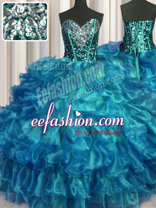 Fashion Ball Gowns Quinceanera Dresses Teal Sweetheart Organza Sleeveless Floor Length Lace Up