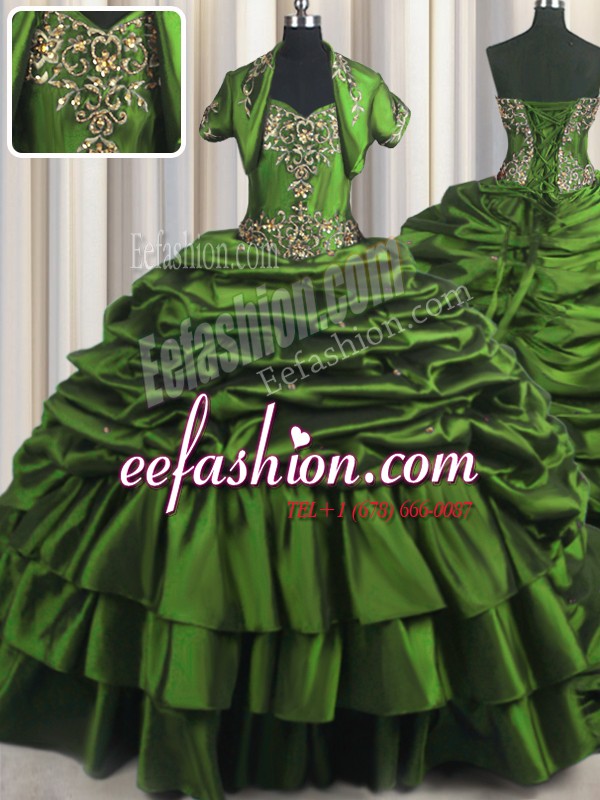 High Quality Green Sleeveless With Train Beading and Appliques and Pick Ups Lace Up 15th Birthday Dress