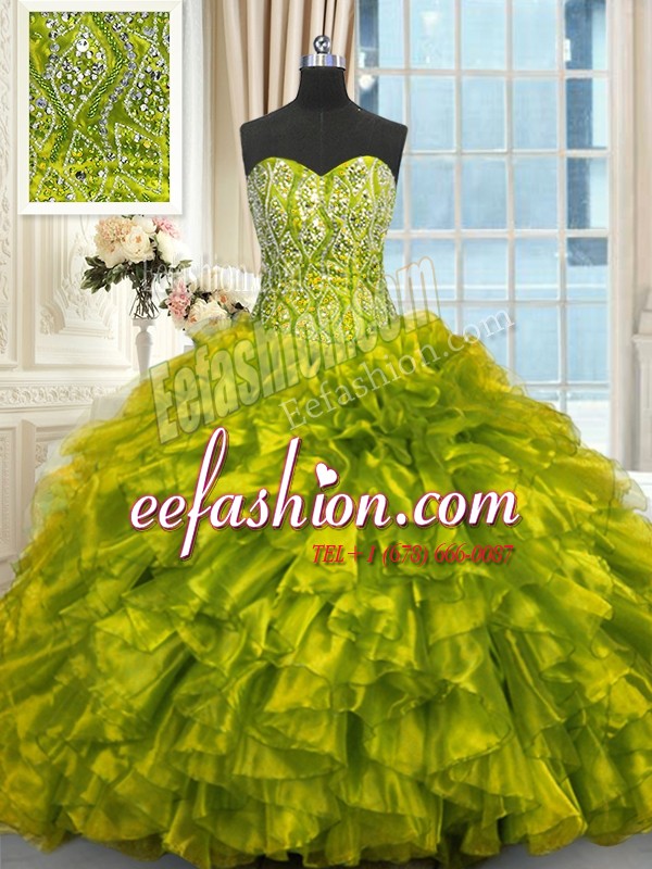 Clearance Olive Green Ball Gowns Organza Sweetheart Sleeveless Beading and Ruffles Lace Up Sweet 16 Dresses Brush Train