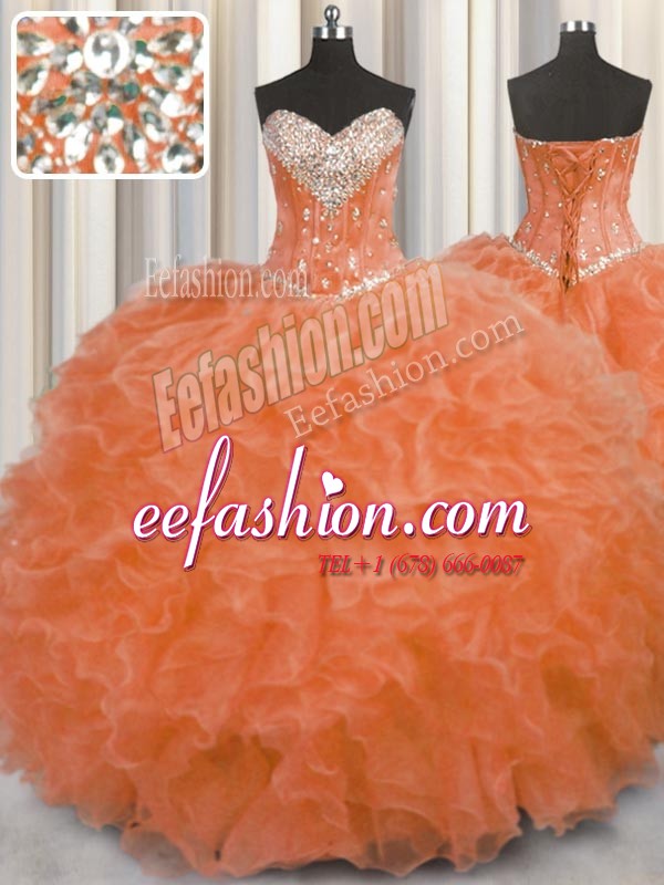 Trendy Ball Gowns Quinceanera Dresses Orange Red Sweetheart Organza Sleeveless Floor Length Lace Up