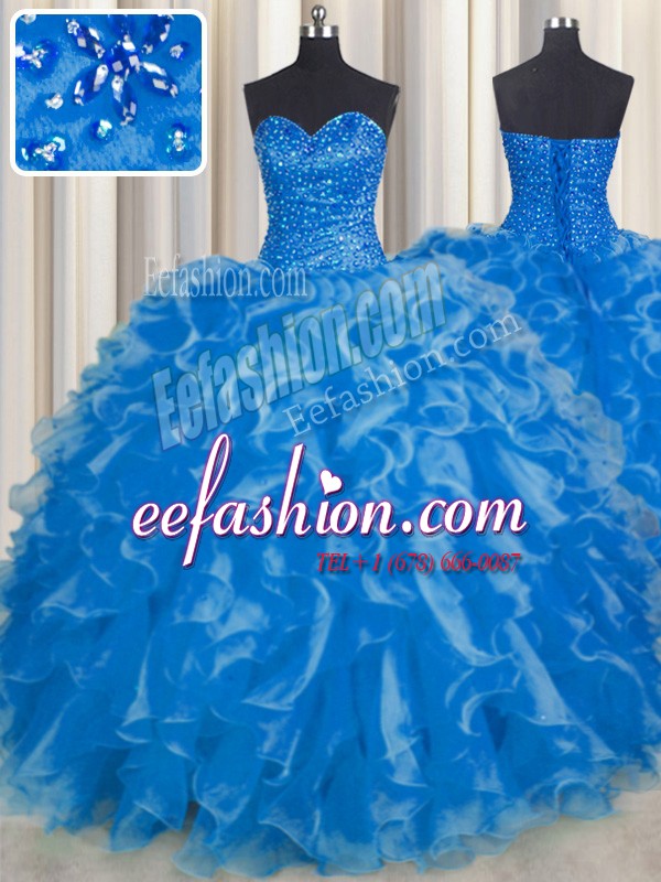 Simple Floor Length Lace Up Quinceanera Gowns Blue for Military Ball and Sweet 16 and Quinceanera with Beading and Ruffles