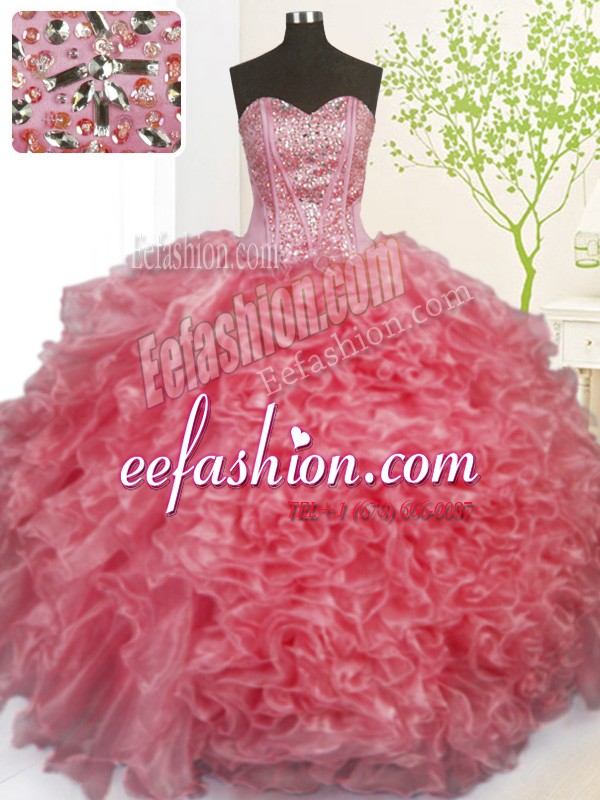  Pick Ups Ball Gowns 15 Quinceanera Dress Rose Pink Sweetheart Organza Sleeveless Floor Length Lace Up
