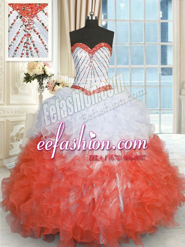  Sleeveless Floor Length Beading and Ruffles Lace Up Quince Ball Gowns with White And Red