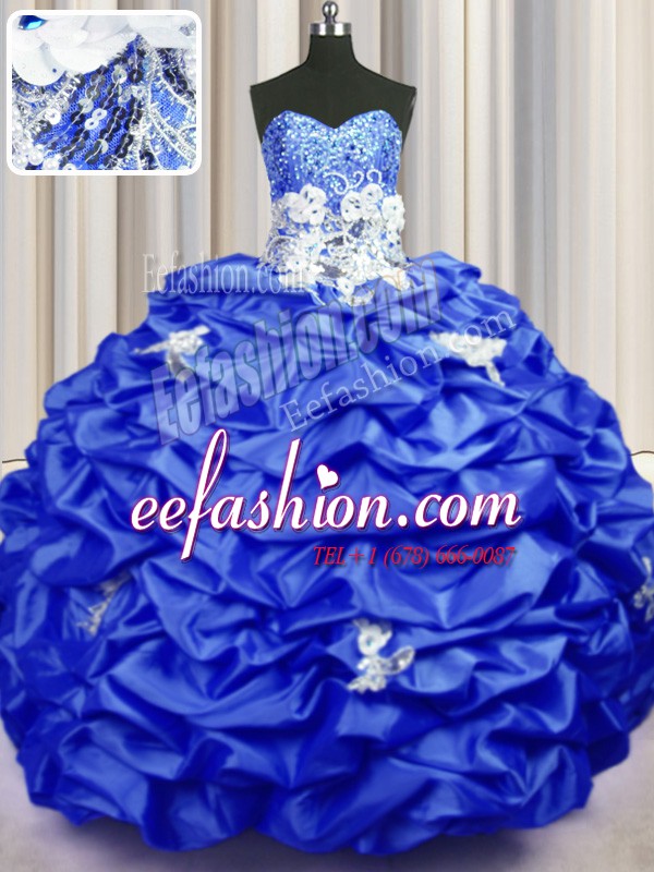  With Train Lace Up Ball Gown Prom Dress Royal Blue for Military Ball and Sweet 16 and Quinceanera with Appliques and Sequins and Pick Ups Brush Train