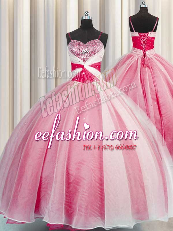  Sequins Ball Gowns Quinceanera Gowns Coral Red Spaghetti Straps Organza Sleeveless Floor Length Lace Up