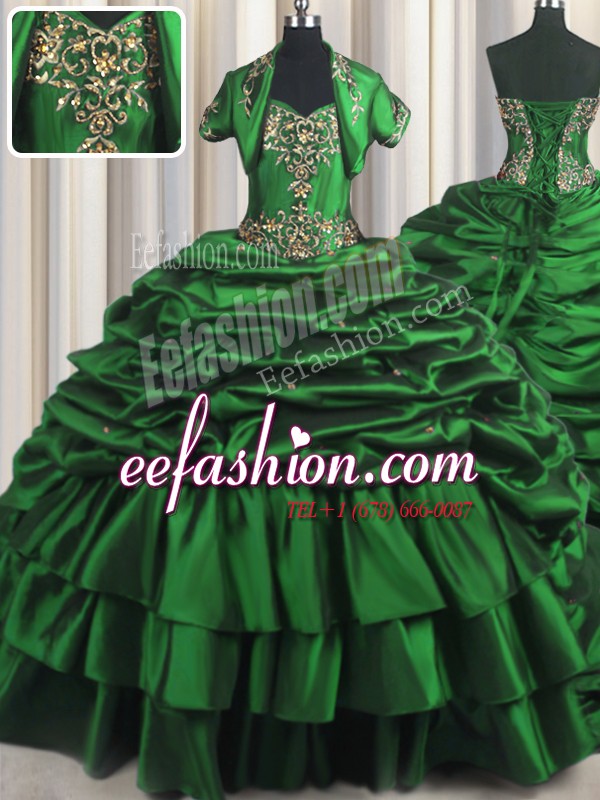 Exquisite With Train Lace Up Vestidos de Quinceanera Dark Green for Military Ball and Sweet 16 and Quinceanera with Beading and Appliques and Pick Ups Brush Train