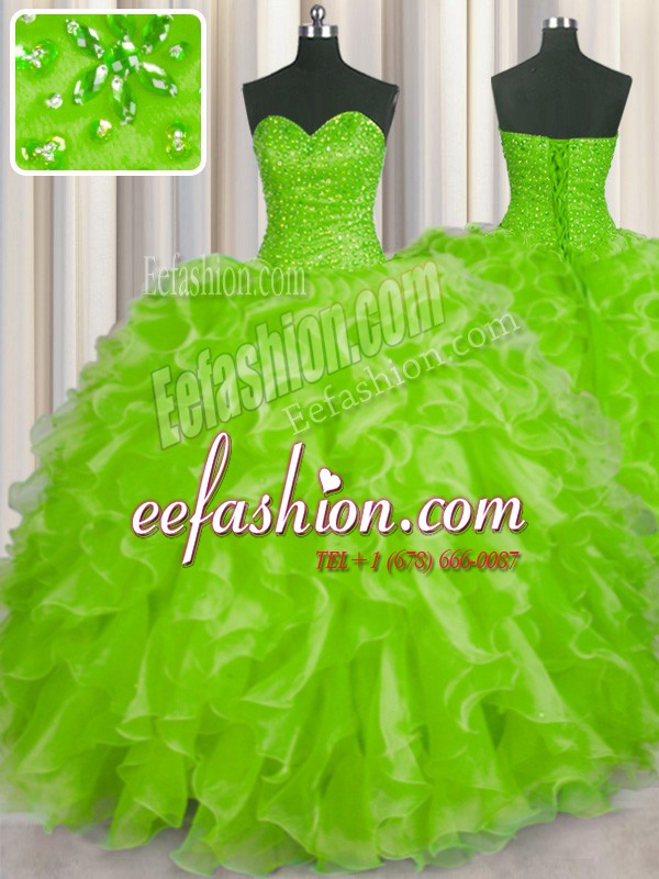  Yellow Green 15th Birthday Dress Military Ball and Sweet 16 and Quinceanera and For with Beading and Ruffles Sweetheart Sleeveless Lace Up