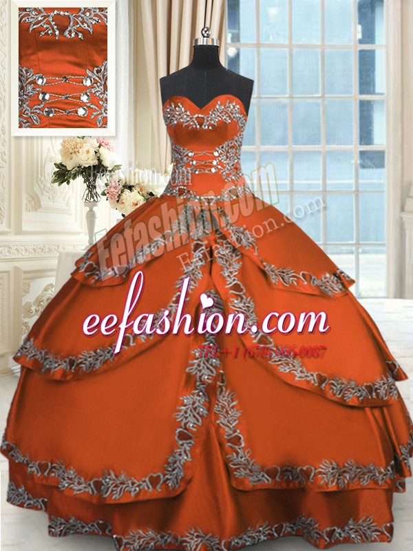  Rust Red Ball Gowns Taffeta Sweetheart Sleeveless Beading and Embroidery and Ruffled Layers Floor Length Lace Up Vestidos de Quinceanera