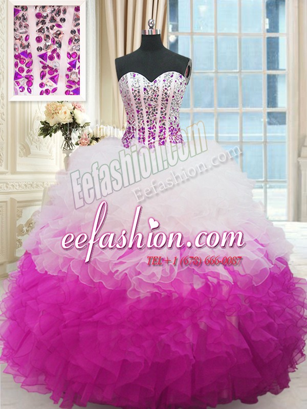 Dramatic Sleeveless Floor Length Beading and Ruffles Lace Up Quinceanera Gown with Multi-color