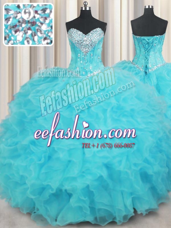 Adorable Floor Length Lace Up Quinceanera Gown Aqua Blue for Military Ball and Sweet 16 and Quinceanera with Beading and Ruffles