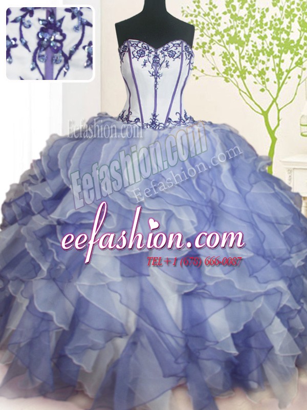  Blue And White Ball Gowns Beading and Ruffles Sweet 16 Quinceanera Dress Lace Up Organza Sleeveless Floor Length