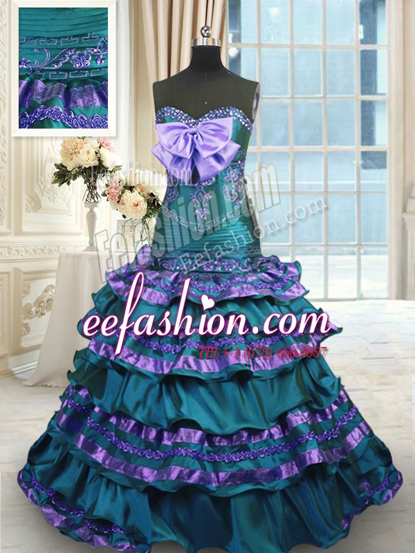  Ruffled Layers A-line Sleeveless Peacock Green Quince Ball Gowns Sweep Train Lace Up