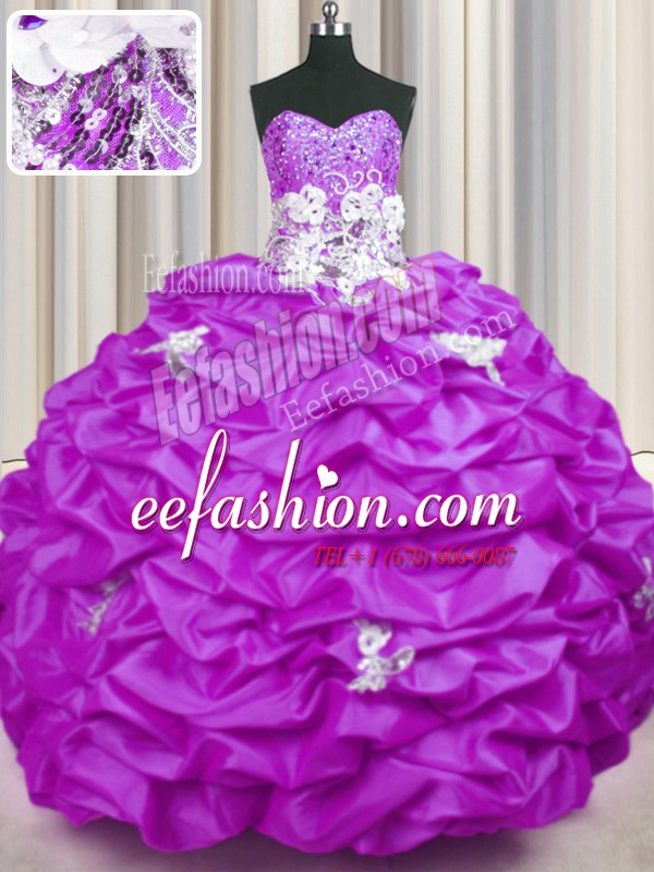 New Style With Train Lilac 15 Quinceanera Dress Taffeta Brush Train Sleeveless Appliques and Sequins and Pick Ups