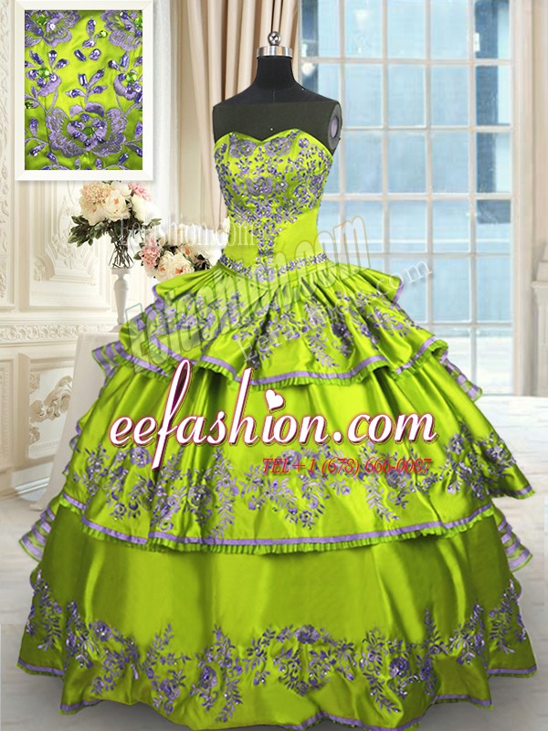 Spectacular Yellow Green Lace Up Sweetheart Embroidery and Ruffled Layers Sweet 16 Dress Taffeta Sleeveless