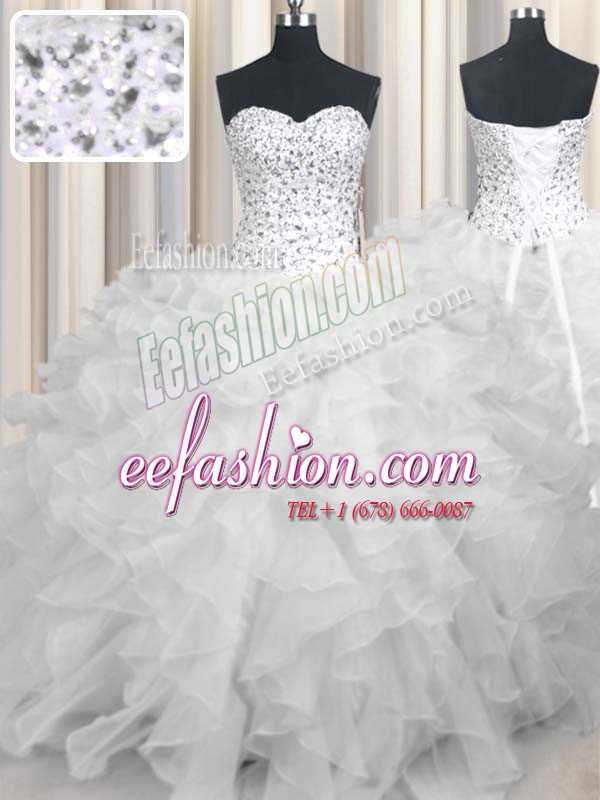 Floor Length Lace Up Sweet 16 Quinceanera Dress White for Military Ball and Sweet 16 and Quinceanera with Beading and Ruffles