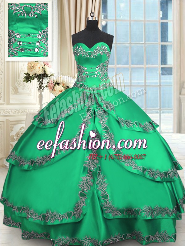 Customized Turquoise Ball Gowns Sweetheart Sleeveless Taffeta Floor Length Lace Up Beading and Embroidery and Ruffled Layers Quinceanera Gowns