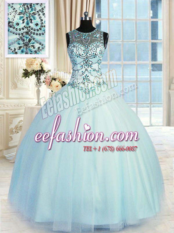 Popular Ball Gowns 15 Quinceanera Dress Light Blue Scoop Tulle Sleeveless Floor Length Lace Up