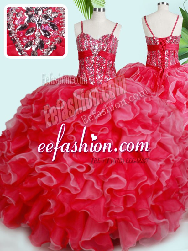  Spaghetti Straps Sleeveless Lace Up Quinceanera Dresses Red Organza