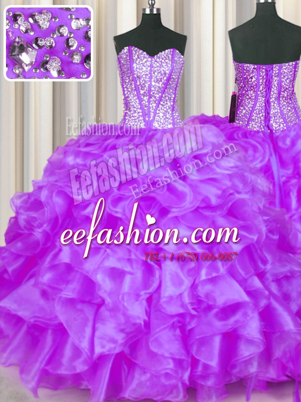 Eggplant Purple Sleeveless Beading and Ruffles Floor Length Quinceanera Dress