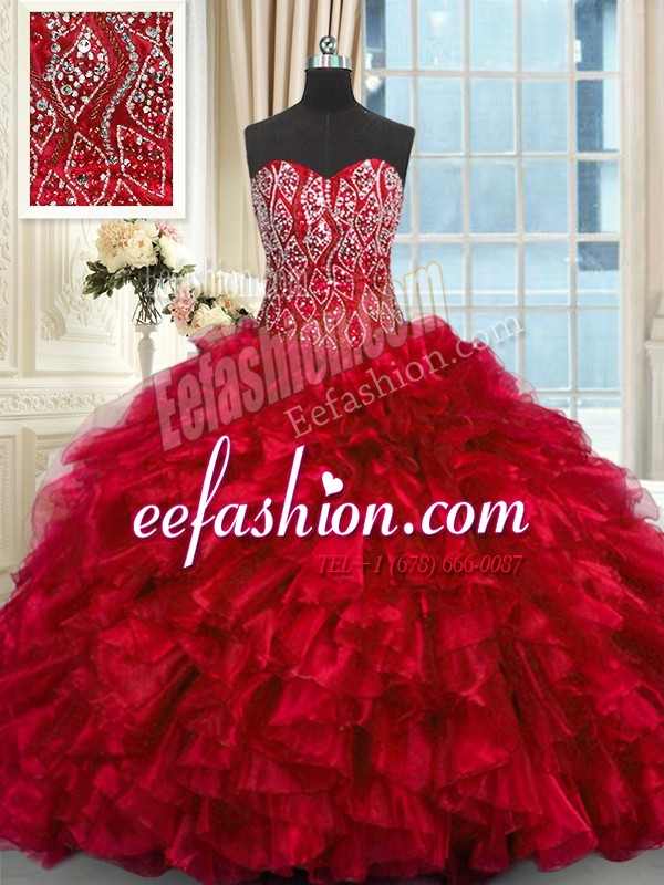 Exquisite Red Organza Lace Up 15 Quinceanera Dress Sleeveless Brush Train Beading and Ruffles