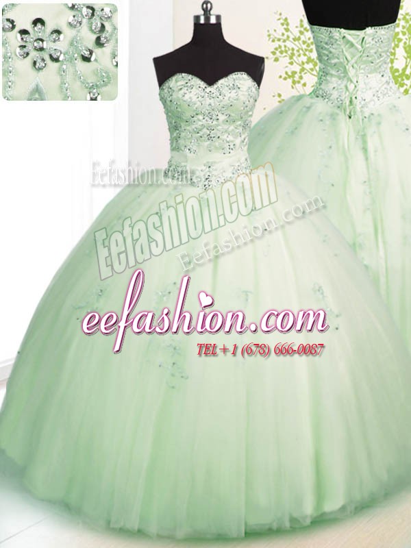  Sweetheart Sleeveless Lace Up Quince Ball Gowns Apple Green Tulle