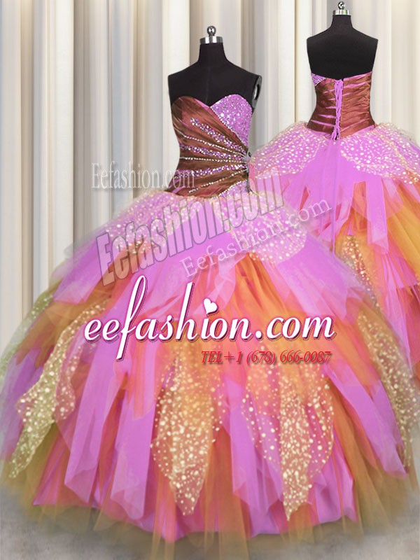  Tulle Sweetheart Sleeveless Lace Up Beading and Ruching 15th Birthday Dress in Multi-color
