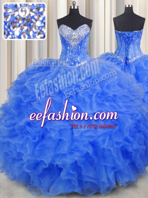 Colorful Sweetheart Sleeveless Quinceanera Dresses Floor Length Beading and Ruffles Royal Blue Organza