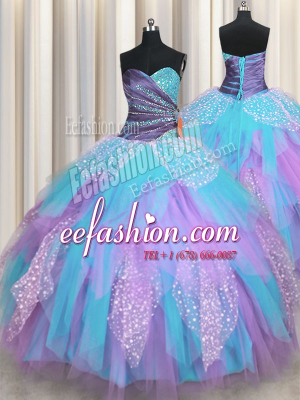  Tulle Sweetheart Sleeveless Lace Up Beading and Ruching Quinceanera Dresses in Multi-color