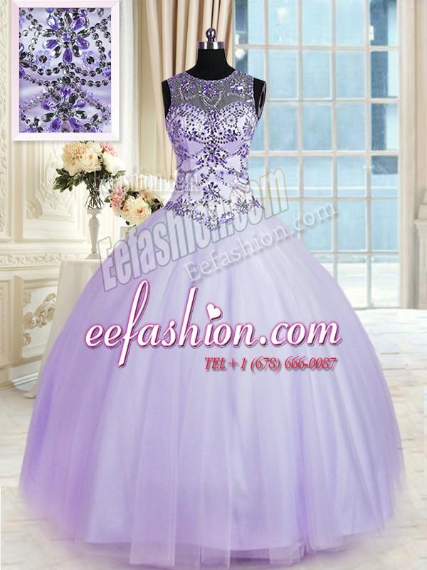 Fantastic Lavender Ball Gowns Tulle Scoop Sleeveless Beading Floor Length Lace Up Quinceanera Dress