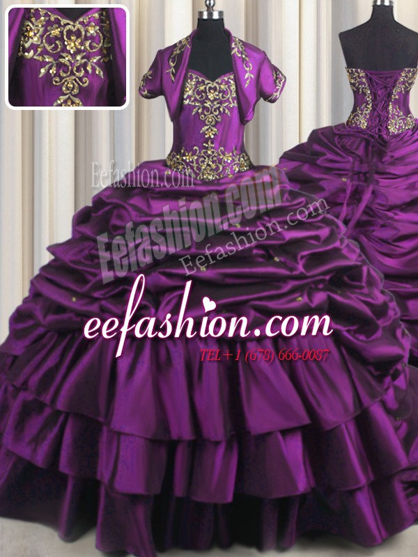  Pick Ups Brush Train Ball Gowns Sweet 16 Dresses Purple Sweetheart Taffeta Sleeveless With Train Lace Up