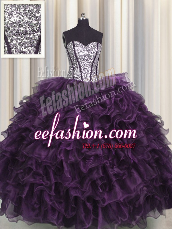 Gorgeous Visible Boning Dark Purple Organza and Sequined Lace Up Sweetheart Sleeveless Floor Length Sweet 16 Quinceanera Dress Ruffles and Sequins