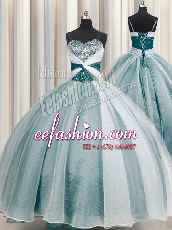  Teal Ball Gowns Organza Spaghetti Straps Half Sleeves Beading and Ruching Floor Length Lace Up 15th Birthday Dress