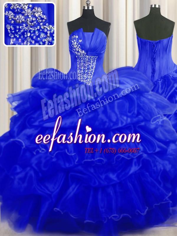 Simple Royal Blue Strapless Neckline Beading and Ruffles and Pick Ups Quinceanera Dress Sleeveless Lace Up