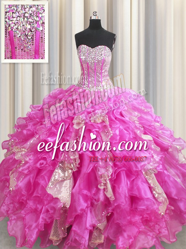 Visible Boning Fuchsia Lace Up Sweetheart Beading and Ruffles and Sequins Quinceanera Gowns Organza and Sequined Sleeveless