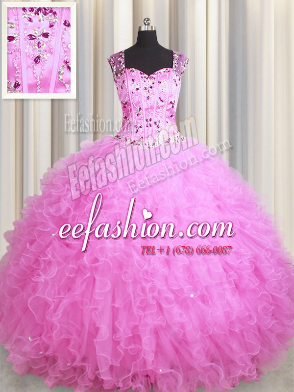 Designer See Through Zipper Up Tulle Sleeveless Floor Length Quinceanera Gown and Beading and Ruffles