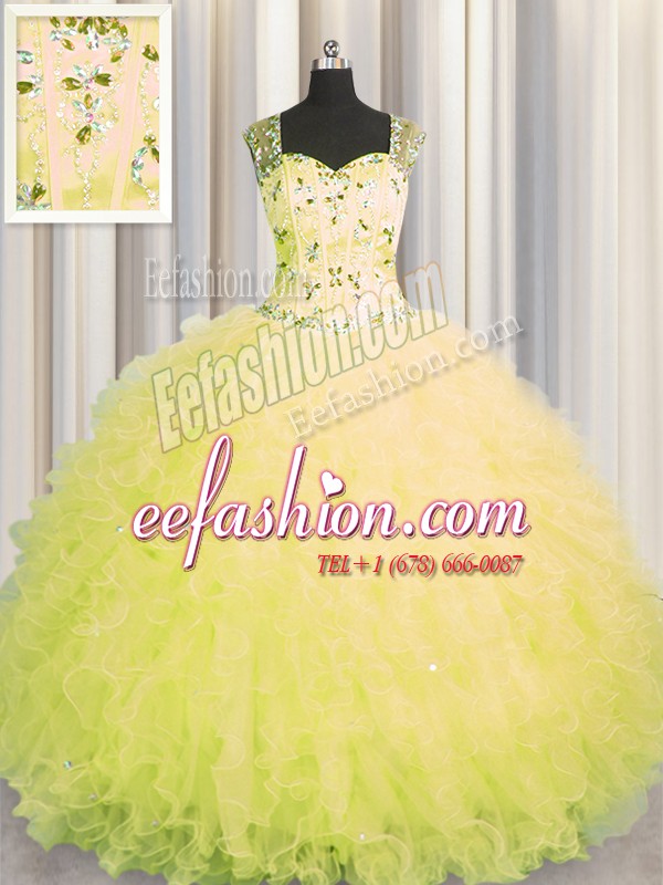 Free and Easy See Through Zipper Up Yellow Tulle Zipper Straps Sleeveless Floor Length Quinceanera Dress Beading and Ruffles