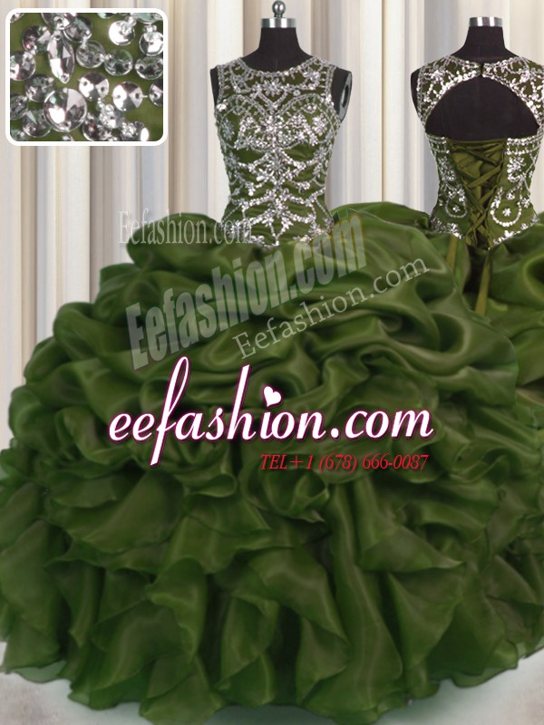 Fitting See Through Ball Gowns 15th Birthday Dress Olive Green Scoop Organza Sleeveless Floor Length Lace Up