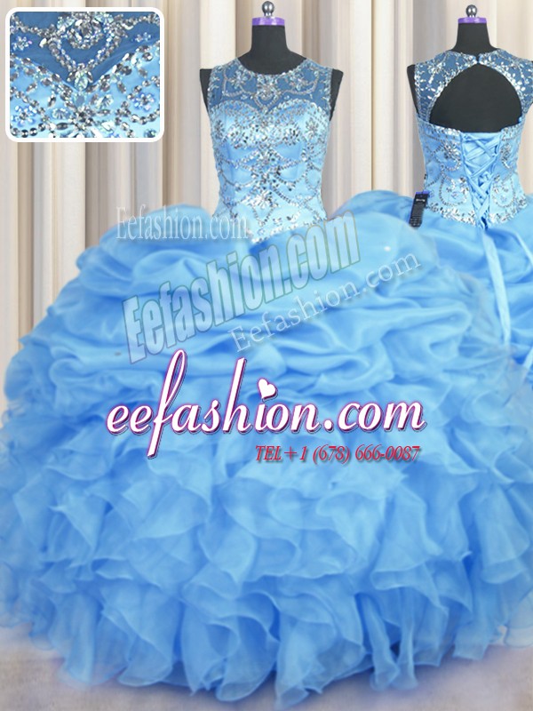 Traditional See Through Scoop Sleeveless Organza Quinceanera Dresses Beading and Ruffles and Pick Ups Lace Up