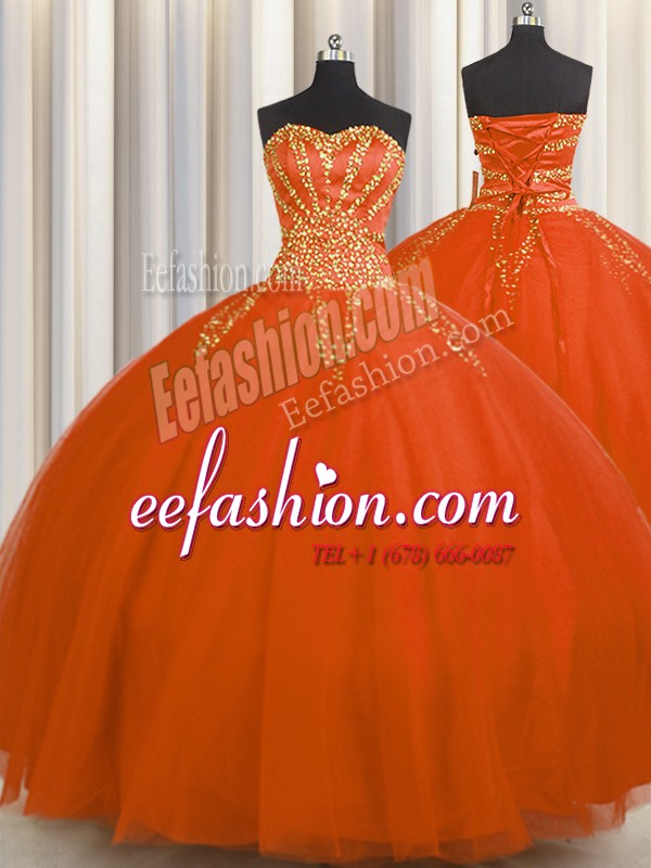 Really Puffy Red Lace Up Quinceanera Dress Beading Sleeveless Floor Length