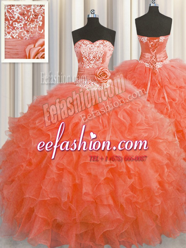  Handcrafted Flower Red Lace Up Sweet 16 Quinceanera Dress Beading and Ruffles and Hand Made Flower Sleeveless Floor Length
