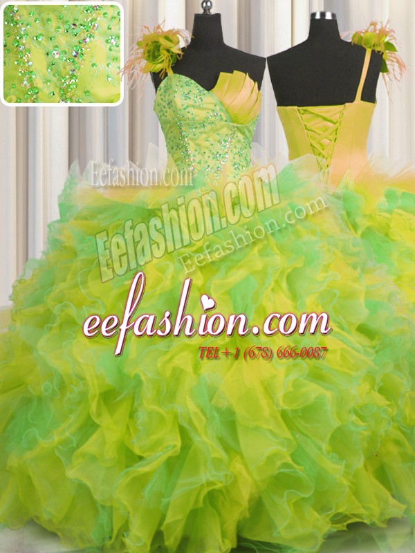  One Shoulder Handcrafted Flower Sleeveless Beading and Ruffles and Hand Made Flower Lace Up Sweet 16 Quinceanera Dress