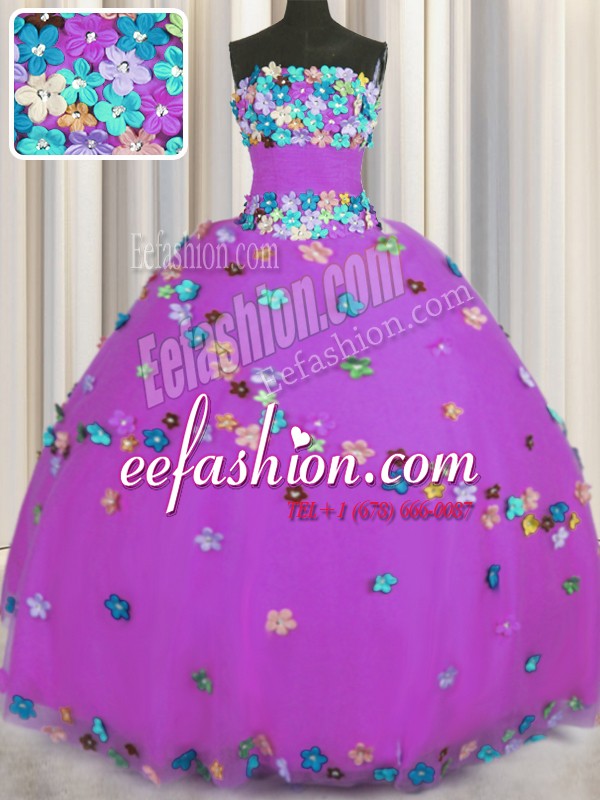 Sleeveless Lace Up Floor Length Hand Made Flower 15th Birthday Dress