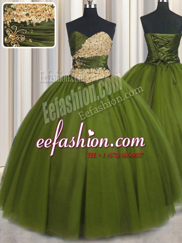 Nice Olive Green Sleeveless Floor Length Beading and Ruching and Belt Lace Up Quinceanera Gown