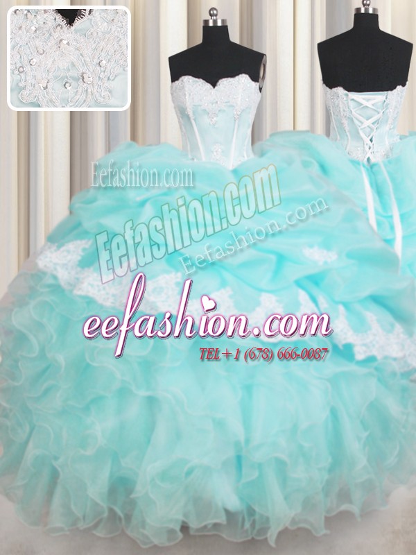 Vintage Baby Blue Sleeveless Floor Length Beading and Appliques and Ruffled Layers Lace Up Quinceanera Gowns